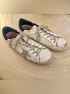 Golden Goose White Leather Sneakers with Suede Star & Navy Blue Back Size 11